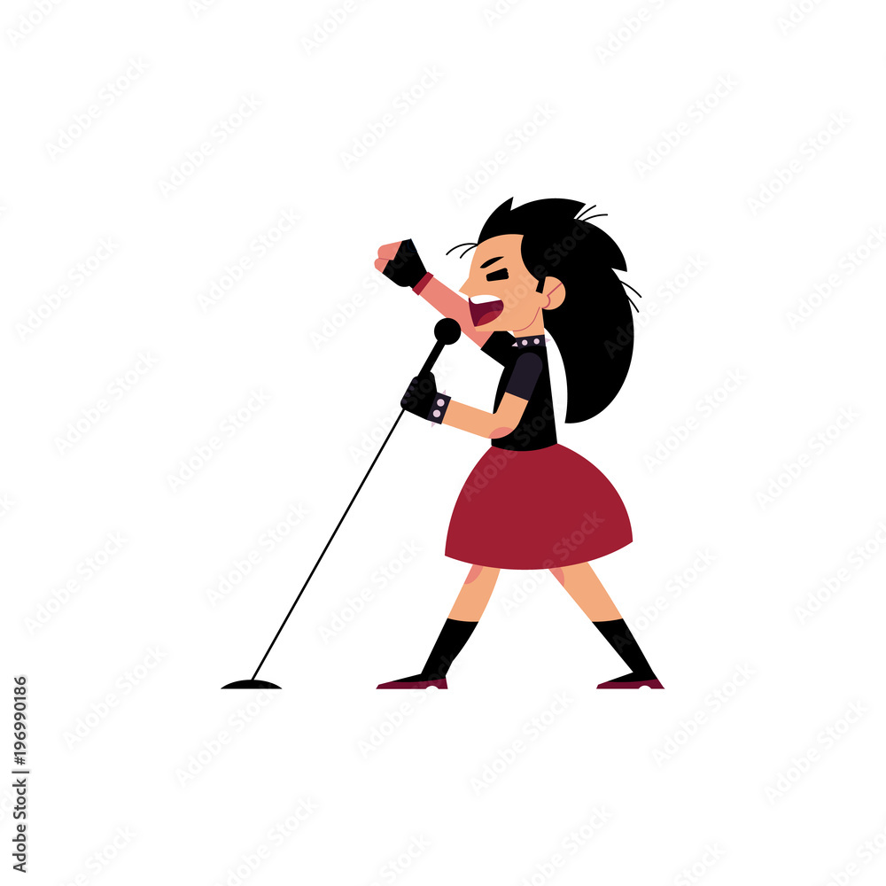Obraz na plátně Young rock female musician with long black hair holding microphone and singing with expression isolated on white background