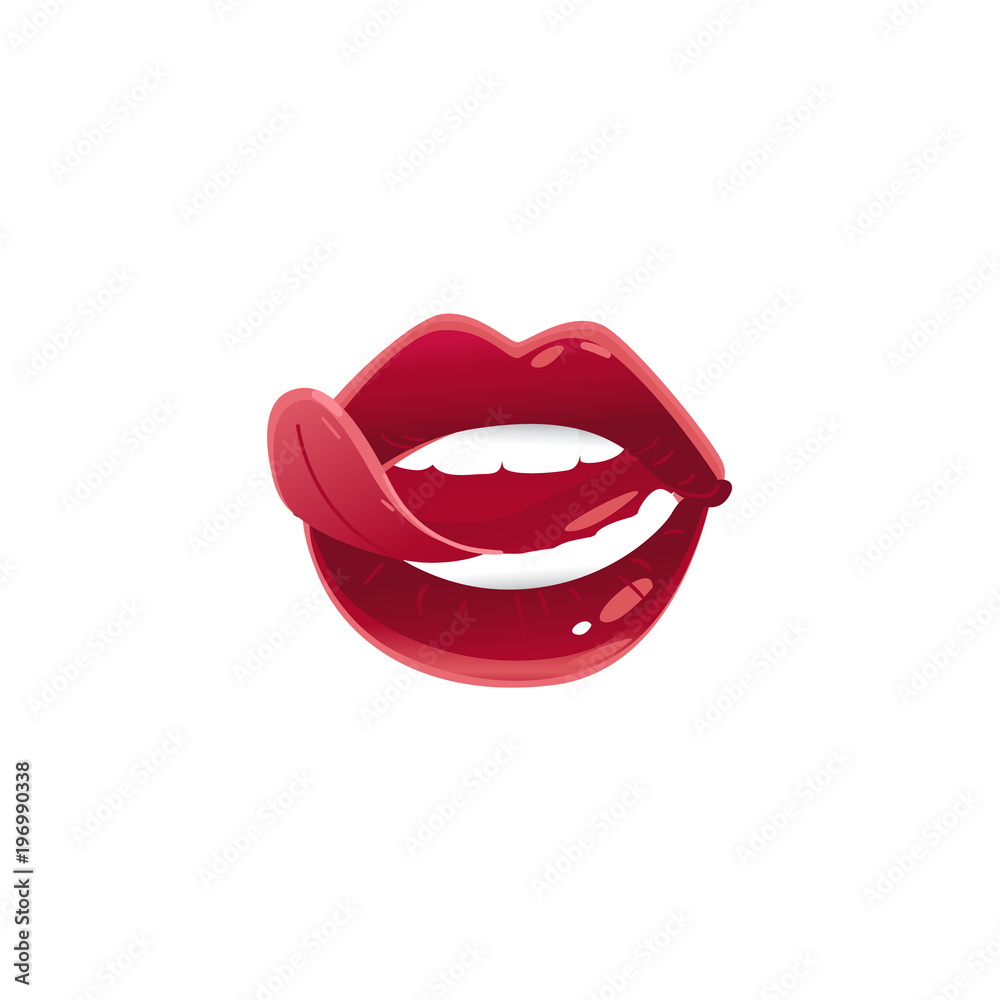 Vector cartoon woman mouth with sexy lips open, white teeth and sticking out tongue. Red lipstick makeup glamour fashion style glossy sensual kiss symbol. Isolated illustration on a white background.