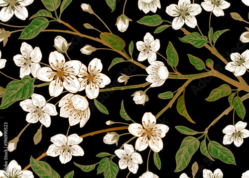 Floral vintage seamless pattern with Japanese cherry. © marinavorona