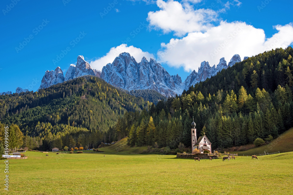 Beautiful landscape with a church in the valley of Santa Magdalena, Italy, Europe, Dolomites