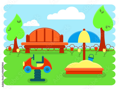 Outdoor card with benchs and kids playground equipment. Flat style vector illustration. Suitable for childrens book. Eps10