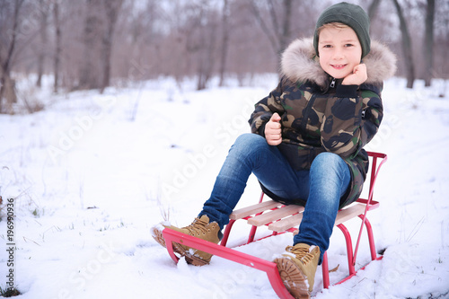 Cute boy with sled in snowy...