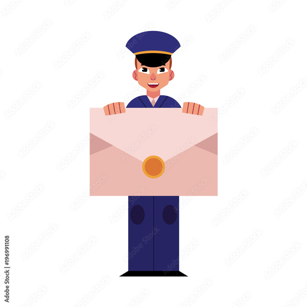 Cartoon postman cheerful character standing smiling holding big letter or mail. Man in professional blue uniform peaked cap. Delivery service worker, mailman. Vector illustration Cartoon postman cheerful character standing smiling holding big letter or mail. Man in professional blue uniform peaked cap. Delivery service worker, mailman. Vector illustration