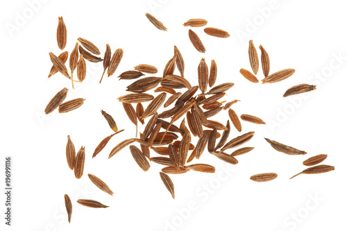 Cumin or caraway seeds isolated on white background. Top view