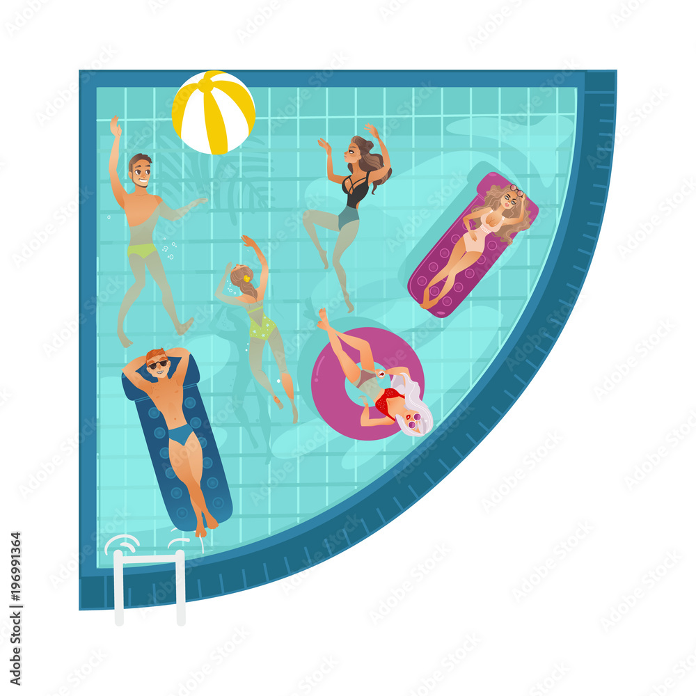Vector cartoon people swimming, sunbath in circle pool with blue tile walls . Vacation summer travelling and holiday concept. Male female character having fun. Isolated illustration white background