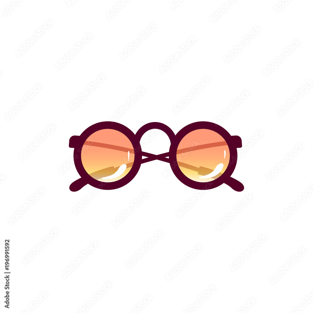 Fototapeta premium Vector cartoon travelling, beach vacation symbol beach vintage fashionable sunglasses purple lens icon. Summer holiday poster, banner design element. Isolated illustration, white background