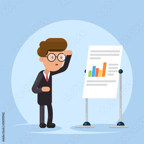 Businessman or manager look to flip chart. Concept of seminar, training, workshop. Flat vector illustration isolated on background.