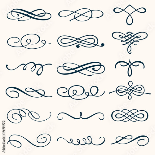 Vector set of calligraphic design elements and page decorations. Elegant collection of hand drawn swirls and curls for your design photo