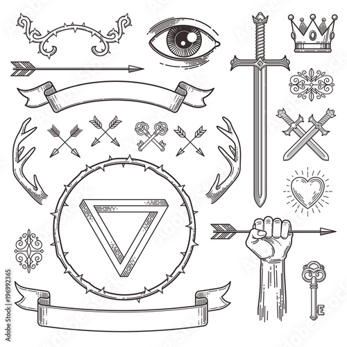 Abstract tattoo style line art heraldic elements. Vector illustration.