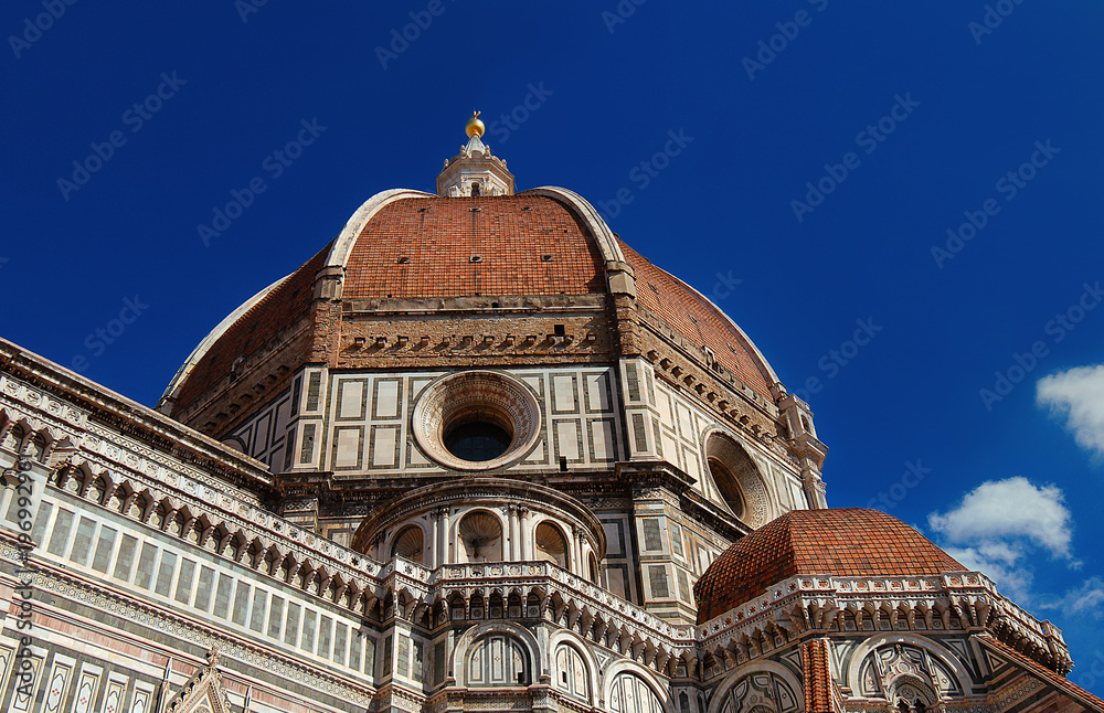 Beautiful dome of Saint Mary of the Flower in Florence seen from below, built by italian architect Brunelleschi in th 15th century and symbol of Renaissance in the world