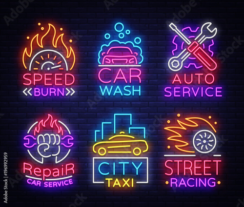Collection neon signs Transport. Neon logo emblems, Taxi service, Car wash, auto service, car repair, street racing. Design template, light banner, nightly neon advertising. Vector Illustrations
