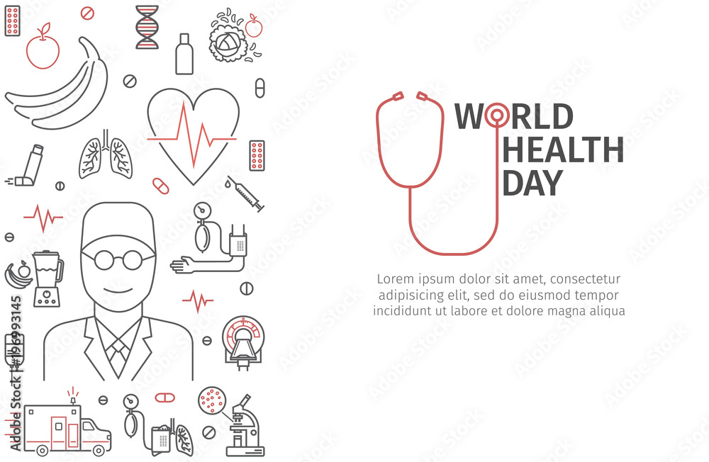World Health Day heart and stethoscope design. Line vector banner.
