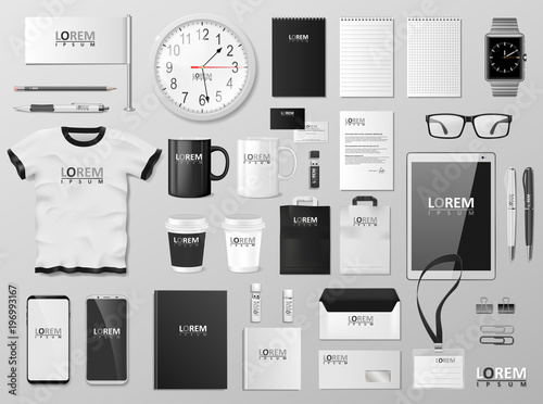 Corporate Branding identity template design. Modern Stationery mockup black and white color. Business style stationery and documentation. Vector illustration