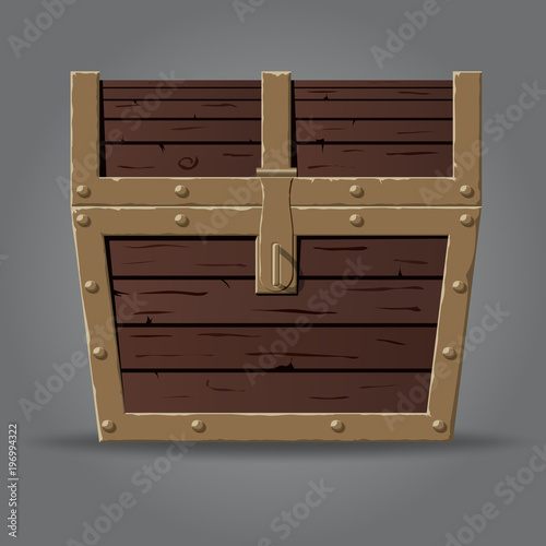 Closed and locked wooden pirate treasure chest,