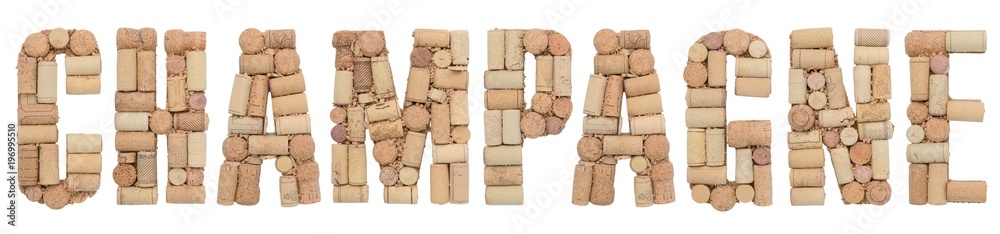 Wine region of France Champagne made from wine corks Isolated on white background