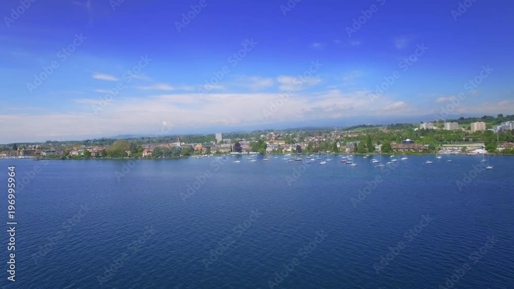 4K Lake Geneva Switzerland cinematic aerial shot. Stunning Drone panorama near Lausanne 4K Lake Geneva Switzerland cinematic aerial shot. Stunning Drone panorama near Lausanne