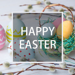 Holiday greeting card with text happy Easter