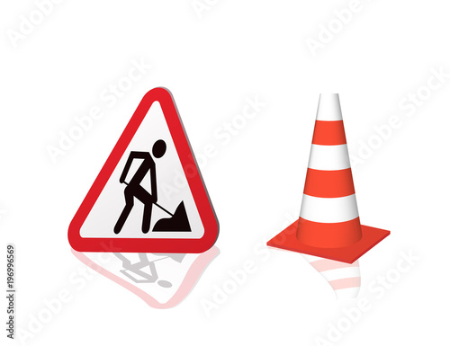 Road sign road repair and highway cones. Vector illustration.