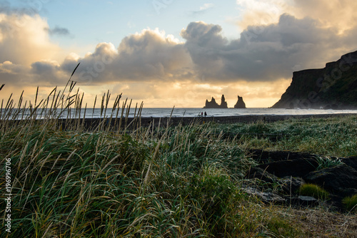 the black coast in the south of Iceland with the single rocks Reynisdrangar in the background.