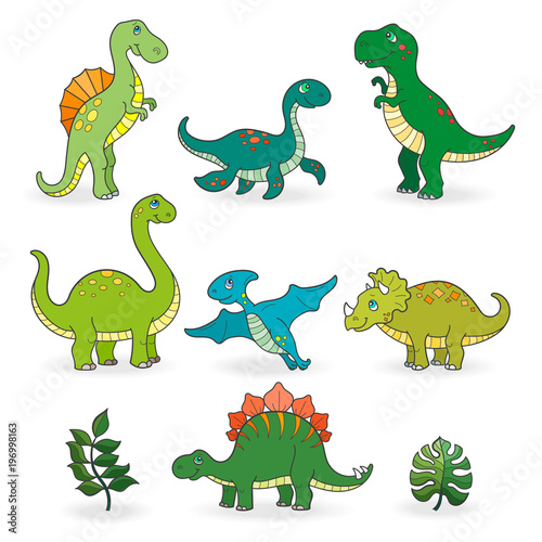 Set of funny cartoon dinosaurs isolated on white background