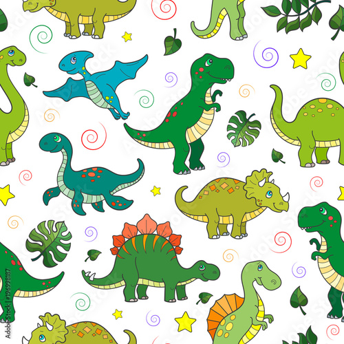 Seamless pattern with colorful dinosaurs and leaves, animals on white background © Zagory