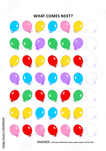 Educational logic game training sequential pattern recognition skills with colorful balloons: What comes next in the sequence? Answer included.
