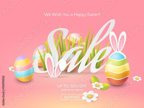 Vector flyer for Easter discount offers with colored 3d eggs, grass, chamomiles and cartoon bunny ears. Holiday template for design of sale web banners or print posters on the pink background.