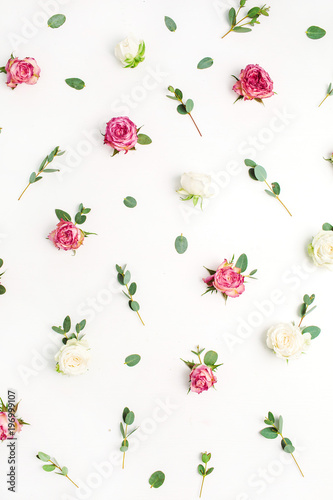 Floral pattern made of red and white rose flower buds and eucalyptus branches on white background. Fat lay, top view flowers background.