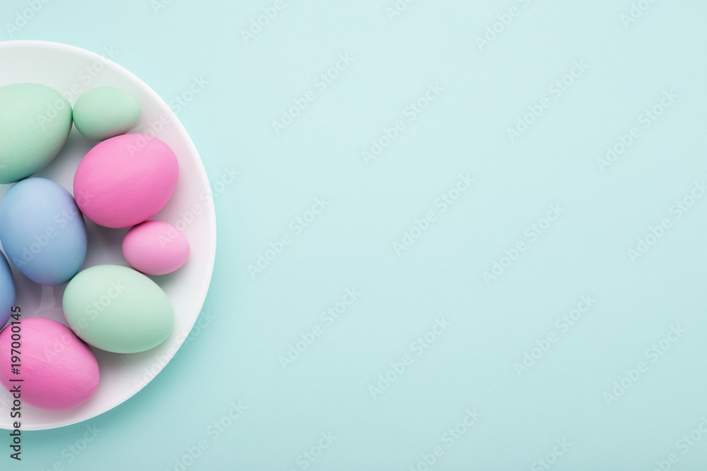 Minimal Easter card of eggs & plate on blue Minimal Easter card of eggs & plate on blue