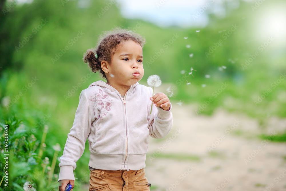 Toddler girl with curly hair playing with yellow dandelions in a blooming spring and summer garden Toddler girl with curly hair playing with yellow dandelions in a blooming spring and summer garden