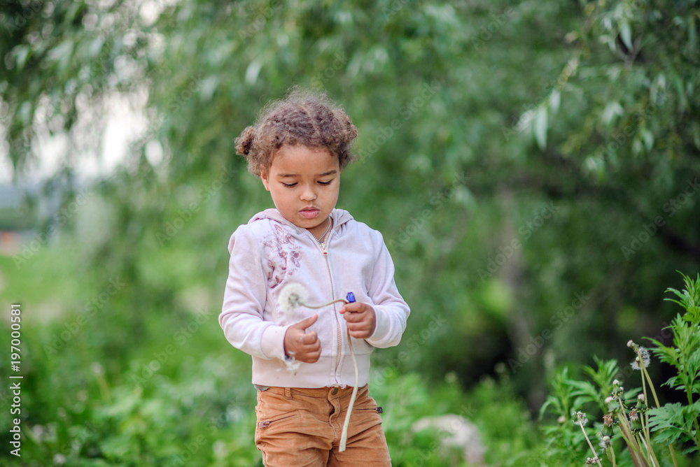 Toddler girl with curly hair playing with yellow dandelions in a blooming spring and summer garden Toddler girl with curly hair playing with yellow dandelions in a blooming spring and summer garden