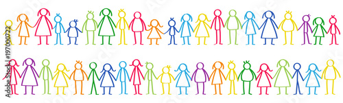 Vector illustration of colorful male and female stick figures standing in rows holding hands isolated on white background