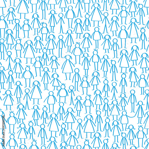 Vector illustration of blue male and female stick figures repeating seamless pattern isolated on white background