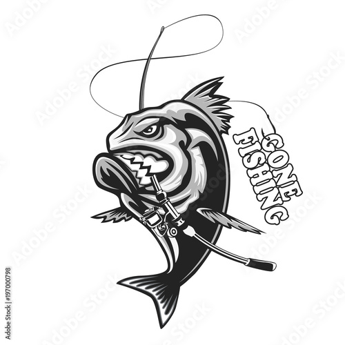 Angry piranha fishing logo. Vector illustration can be used for creating logo and emblem for fishing clubs, prints, web and other crafts.