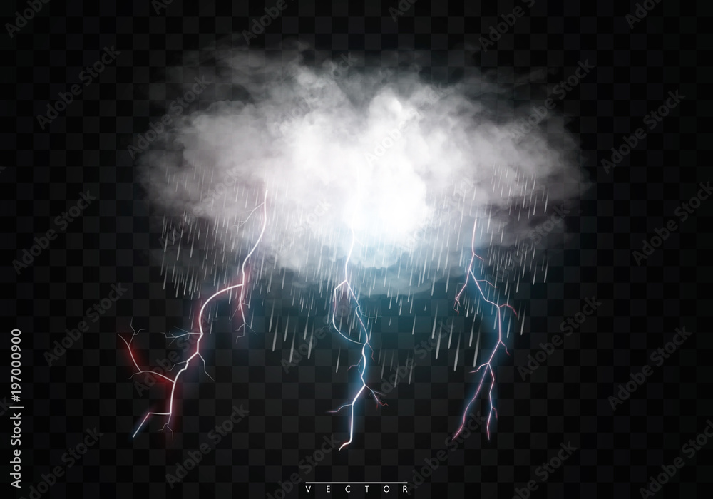 Stormy clouds, rain and lightning. Isolated on a transparent background. Vector illustration EPC10