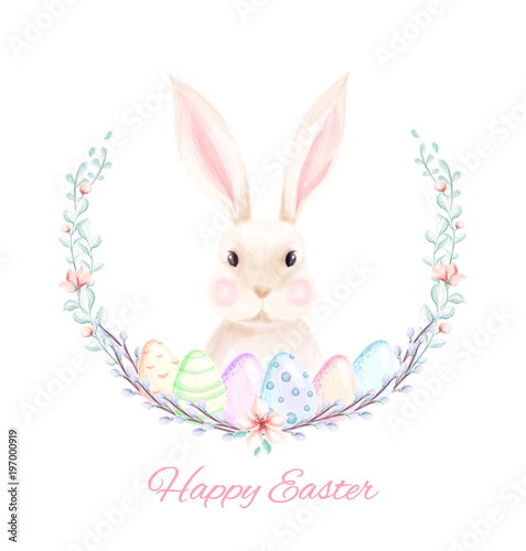 Happy easter banner, hand drawn watercolor illustration. watercolor eggs, bunny, wreath and pussy willow branches. Vector illustration