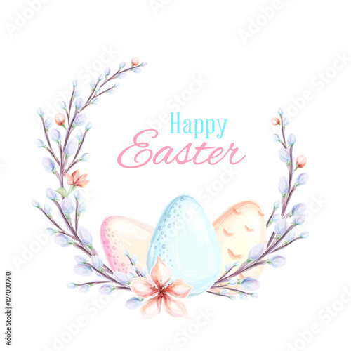 Happy easter poster, hand drawn watercolor illustration. watercolor eggs in wreath and pussy willow branches. Vector illustration