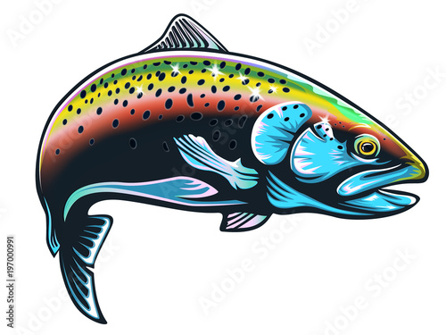 Realistic drawing of the rainbow trout jumping out water.Sketch isolated on white background. Concept art for horoscope, tattoo or colouring book.