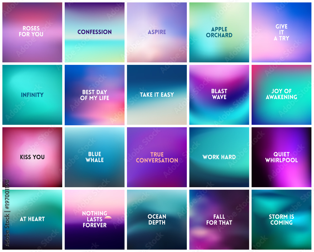 BIG set of 20 square blurred purple pink turquoise backgrounds. With  various quotes. Sunset and sunrise sea blurred background Stock Vector |  Adobe Stock