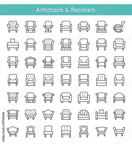 Armchairs, lounges & recliners. Line icons. Vector illustration.