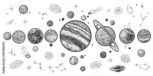 Planets and space hand drawn vector illustration. Solar system with satellites.