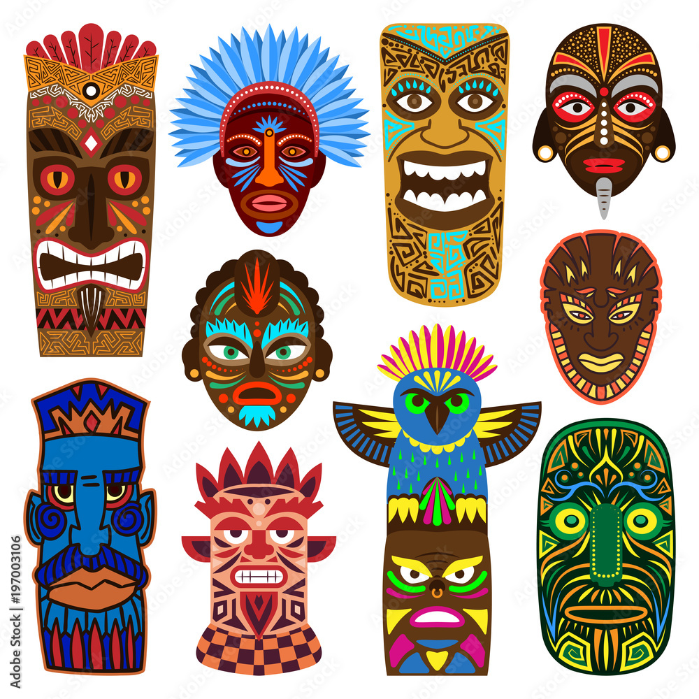 Tribal mask vector masking ethnic culture and aztec face masque  illustration set of traditional aborigine masked symbol isolated on white  background Stock Vector | Adobe Stock