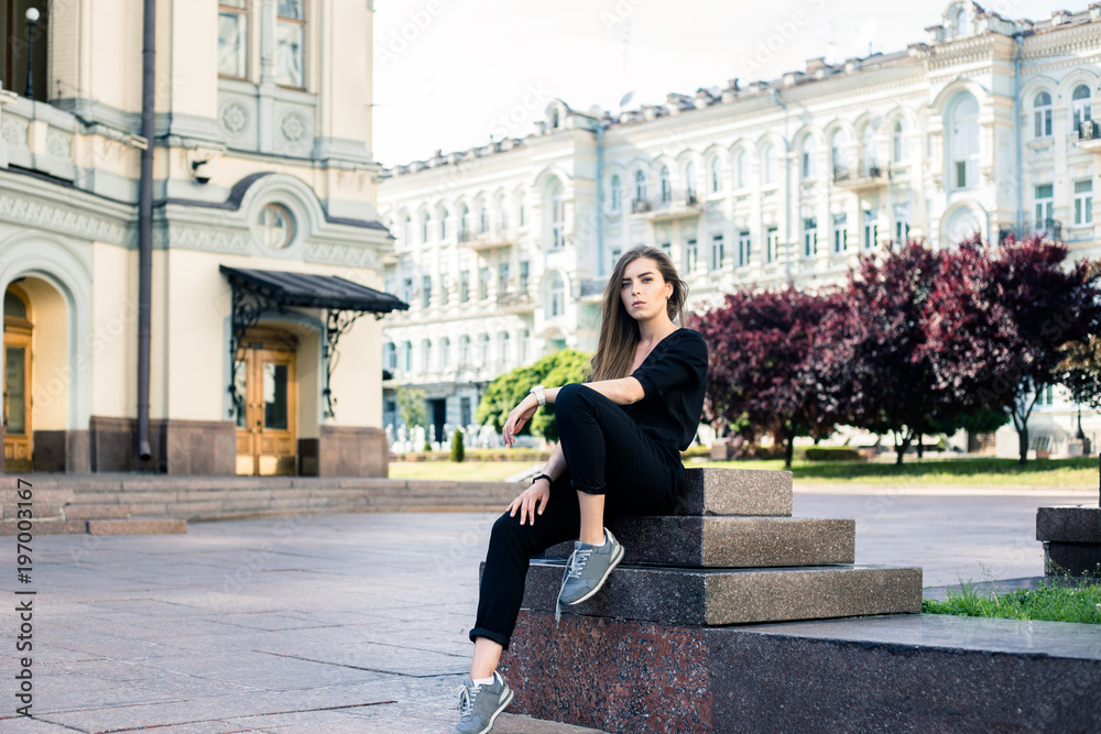 beautiful model posing in the beautiful european city. Kiev, springtime