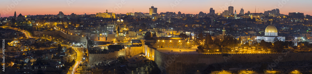 Jerusalem - The Panorama from Mount of Olives to old city at dusk.
