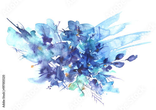 Watercolor garden flowers, blue, purple. On a white background. Violet, forget-me-not, flower of the field. For your postcard, site, invitation, design. Vintage art drawing. Abstract splash of paint. photo