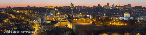 Jerusalem - The Panorama from Mount of Olives to old city at dusk.