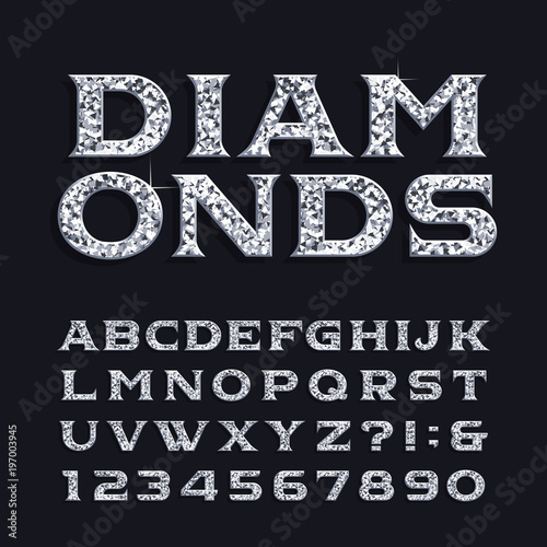 Diamond alphabet font. Luxury beveled serif letters and numbers. Stock vector typeface for any typography design.