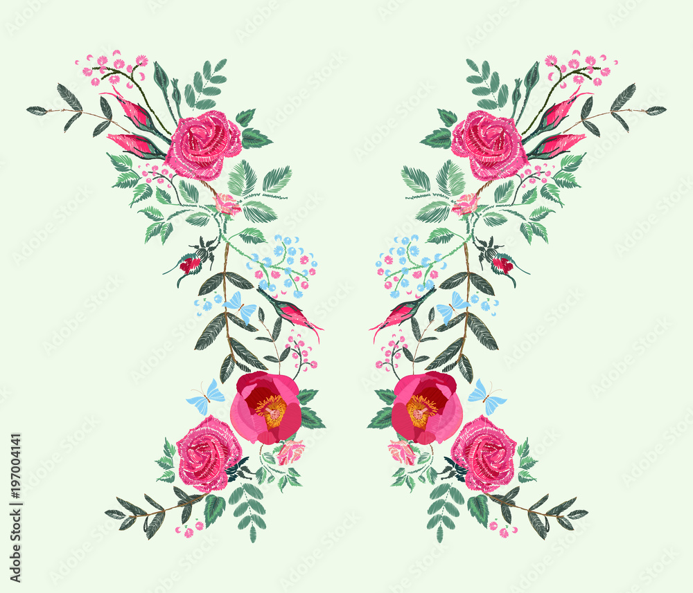 floral patch flowers embroidery red pink roses  butterfly