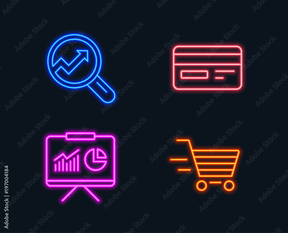 Neon lights. Set of Credit card, Presentation and Analytics icons. Delivery shopping sign. Card payment, Board with charts, Audit analysis. Online buying. Glowing graphic designs. Vector Neon lights. Set of Credit card, Presentation and Analytics icons. Delivery shopping sign. Card payment, Board with charts, Audit analysis. Online buying. Glowing graphic designs. Vector