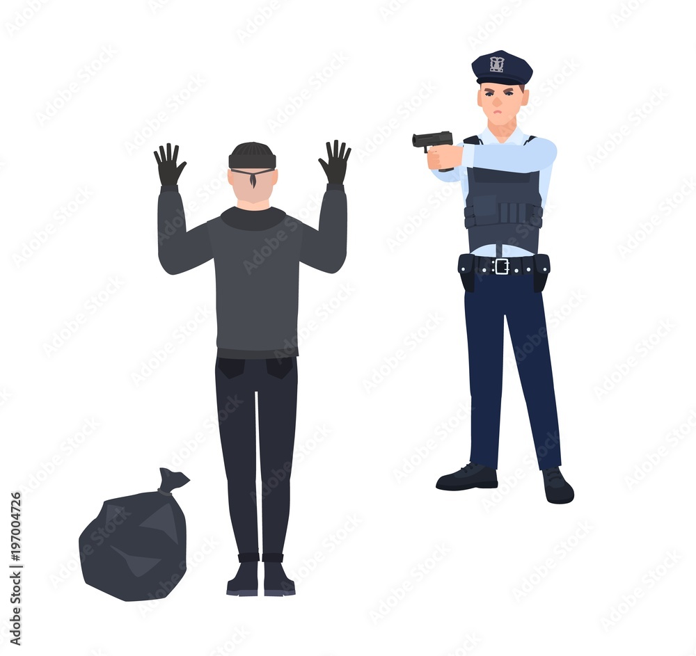 Policeman in police uniform pointing gun at robber or burglar. Cop  arresting thief standing with hands up. Detention of criminal. Cartoon  characters isolated on white background. Vector illustration. Stock Vector  | Adobe